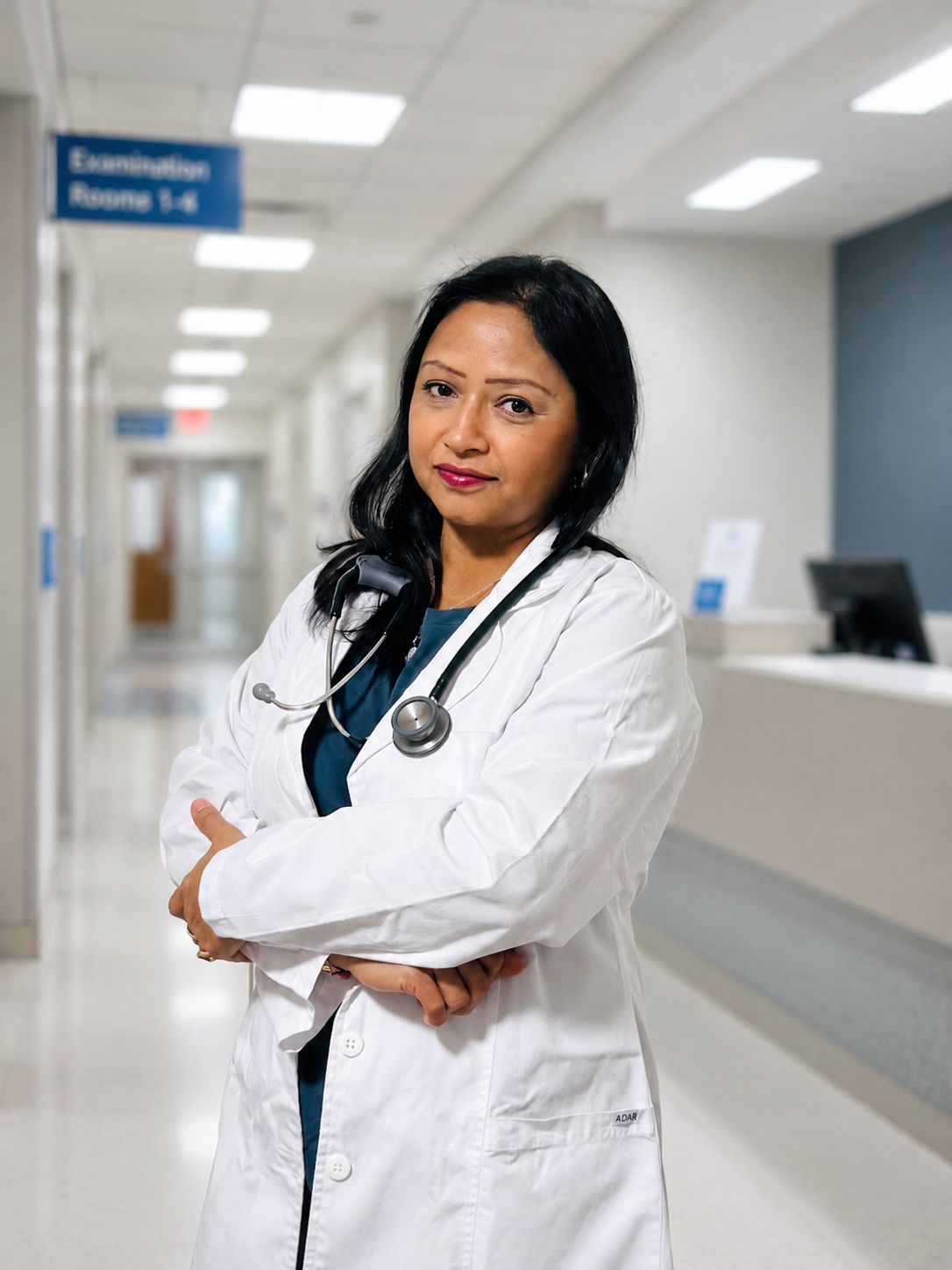 Romina Jain, nurse practitioner, in a clinic corridor