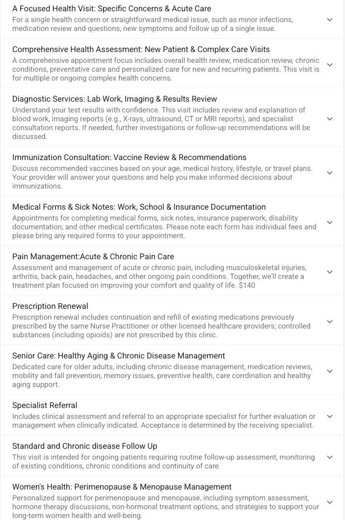 The OddHourCare booking portal on EMERGE, listing every visit type.