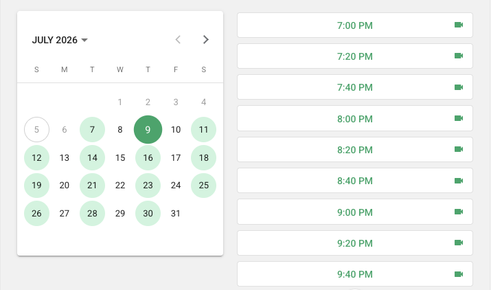 The portal calendar with available days and a list of open time slots.