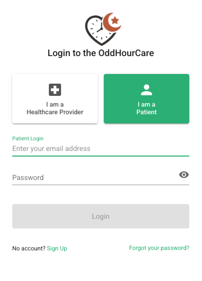 The OddHourCare patient login screen with a Sign Up link.