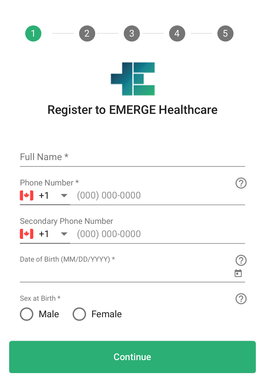 Registration step 1: name, phone, date of birth, and sex at birth.