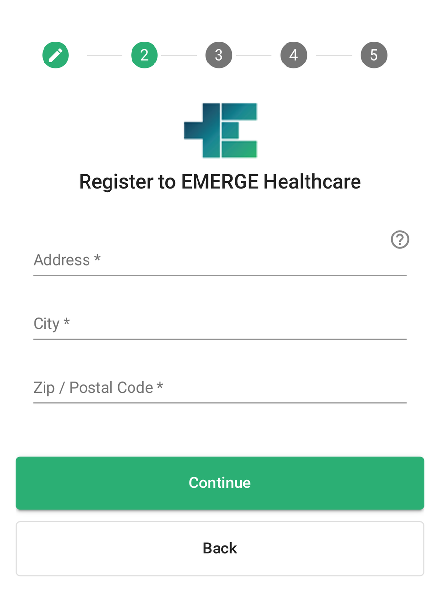 Registration step 2: address, city, and postal code fields.