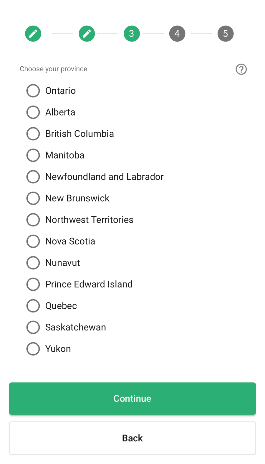 Registration step 3: a list of Canadian provinces to choose from.