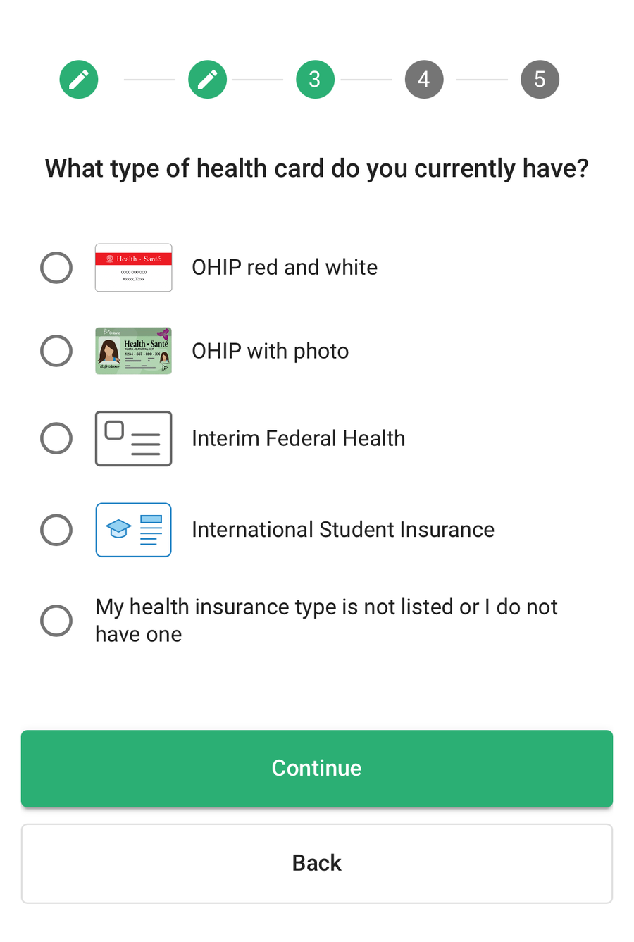 Registration step 3: choosing which type of health card you have.