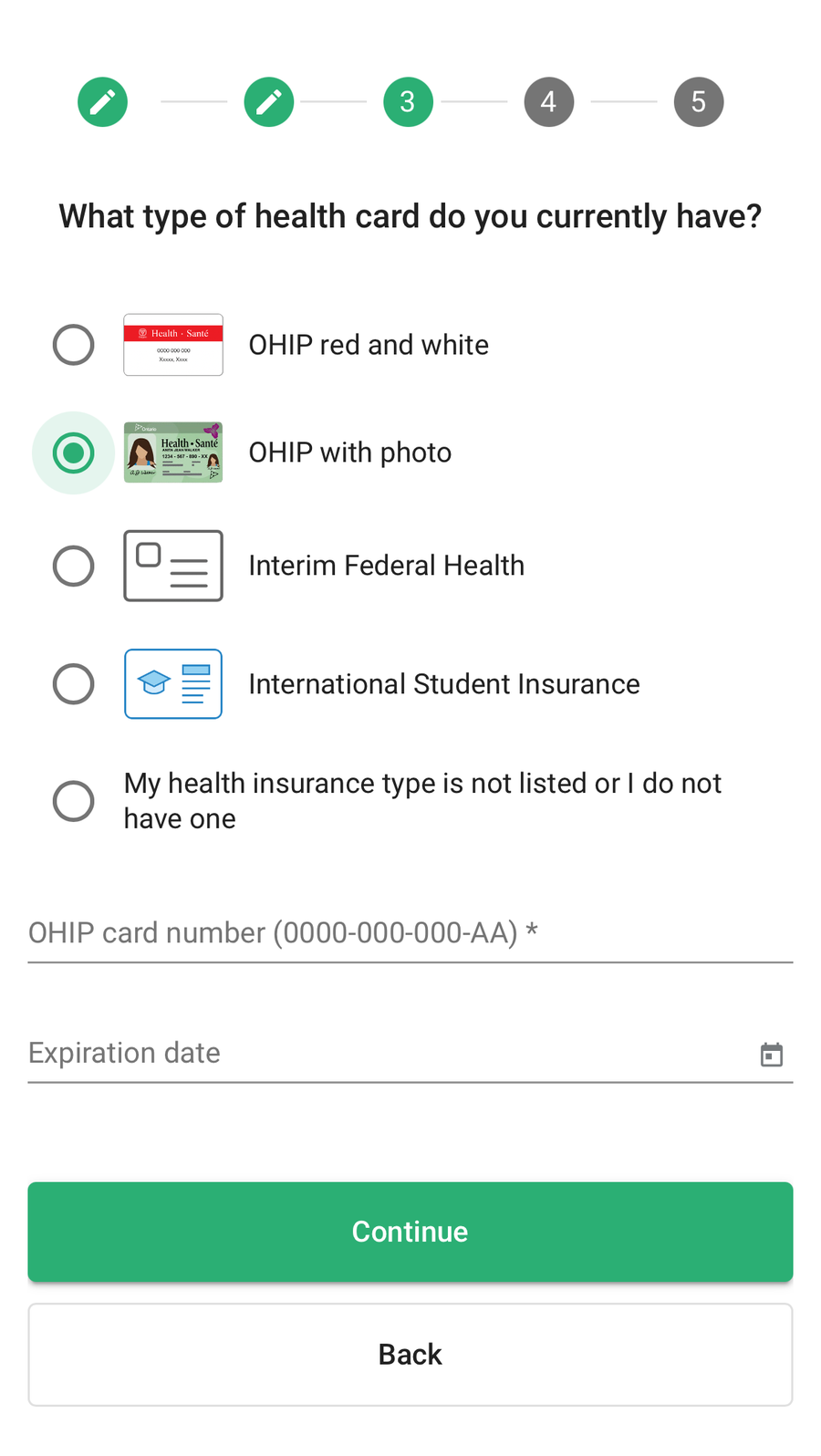 Registration step 3: entering an OHIP card number and expiry date.
