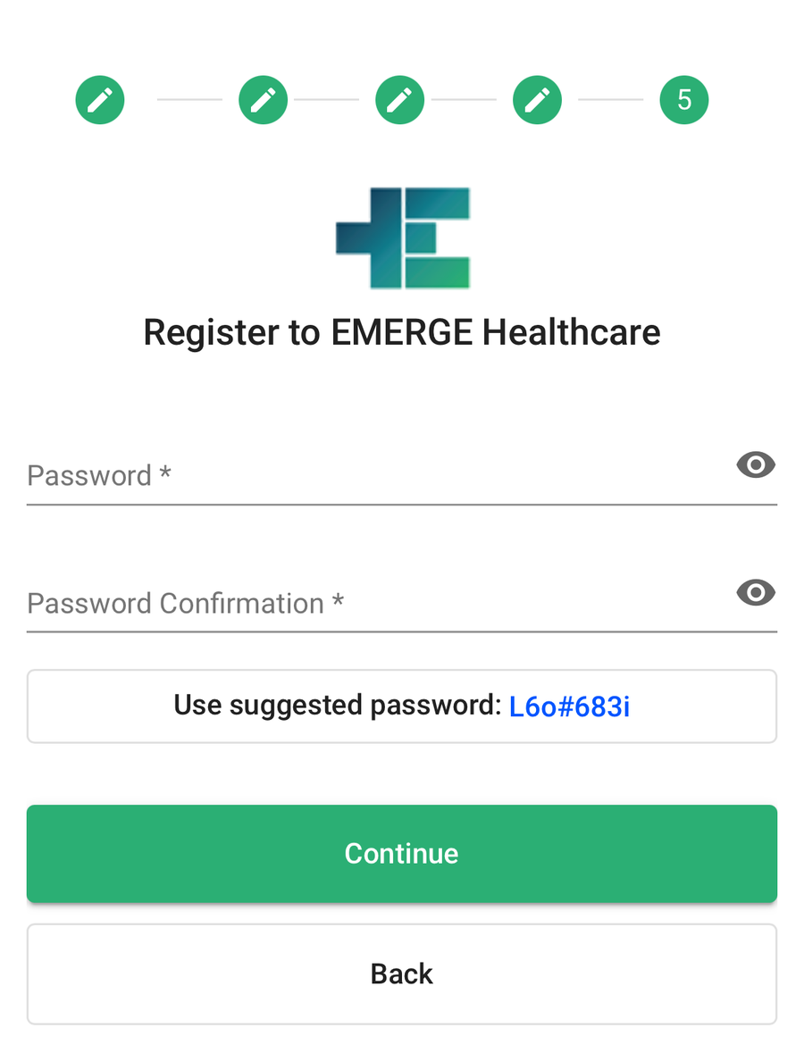 Registration step 5: creating and confirming a password.
