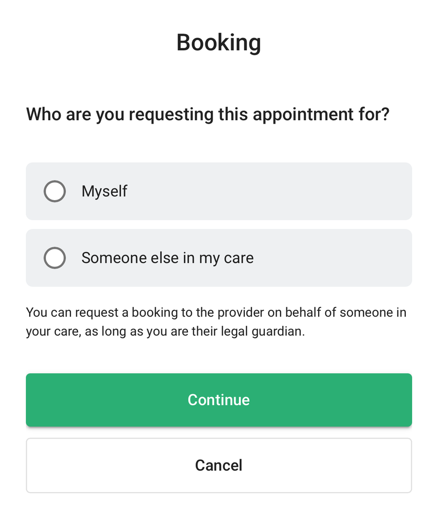 Booking screen asking who the appointment is for.