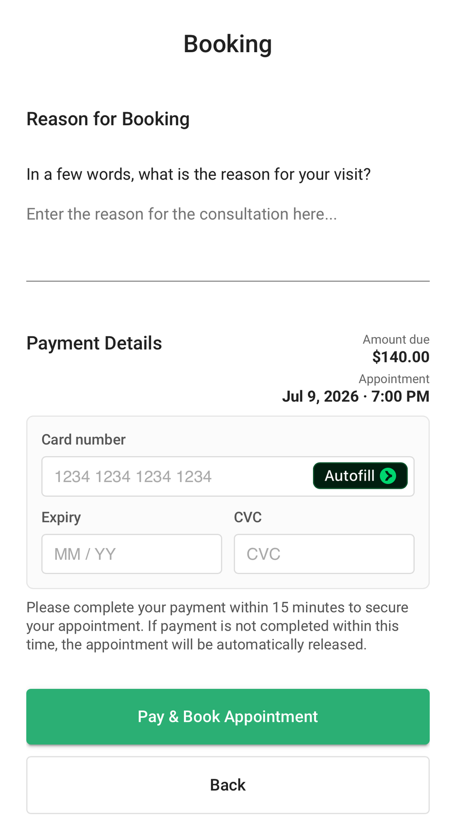 The EMERGE booking screen with a reason field and card payment details.